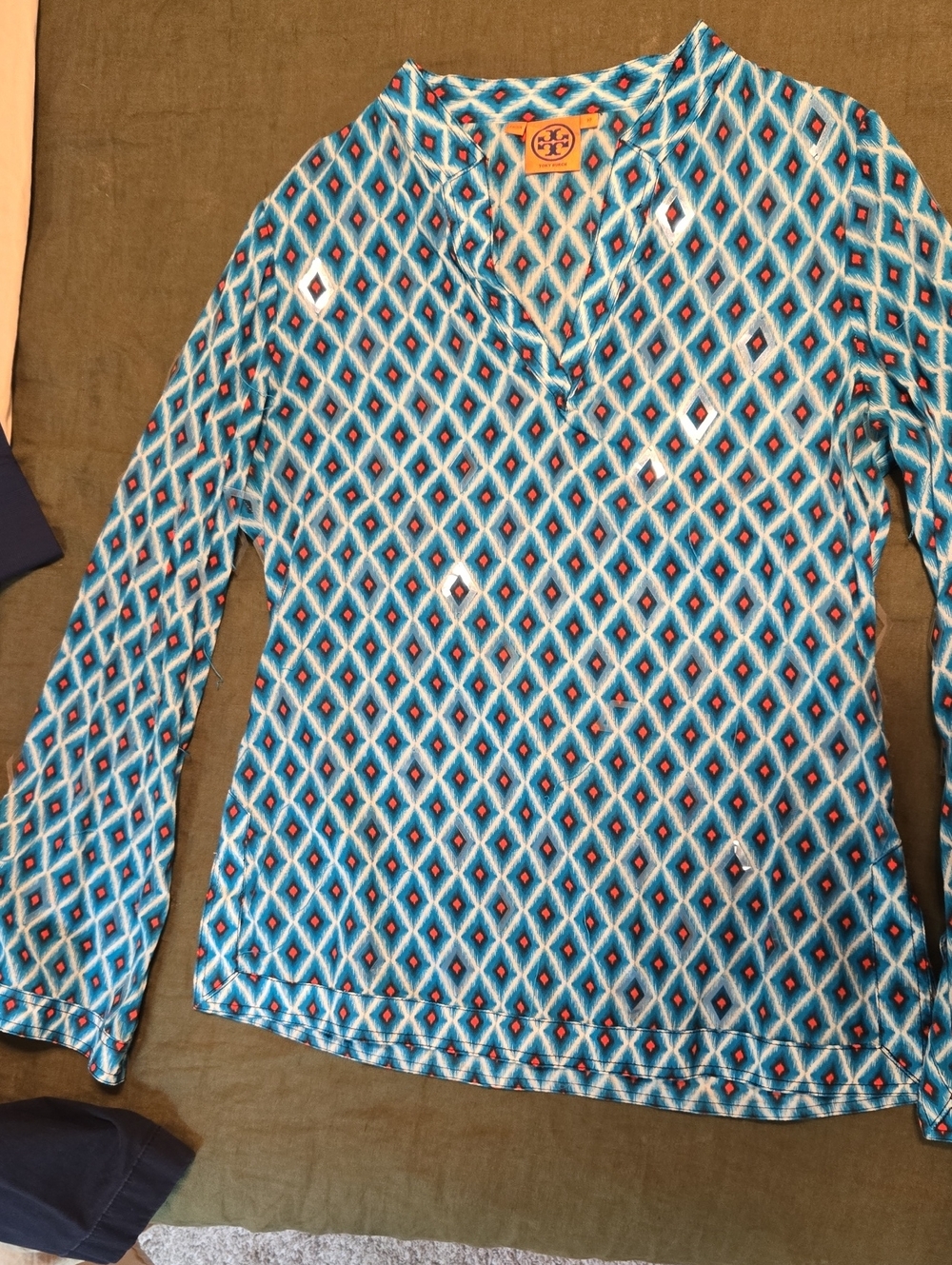 Tory Burch Teal and Aqua Diamond-Print Long Sleeve Tunic